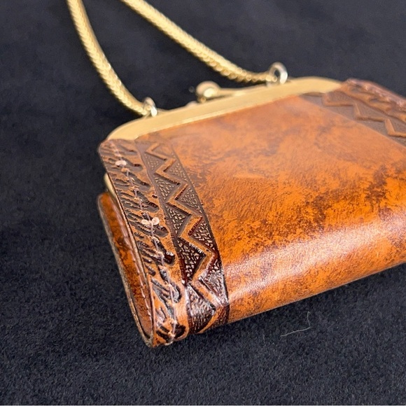 HANDMADE TOOLED LEATHER COIN PURSE GOLD CHAIN PAINTED FLEUR DE LIS WESTERN - Picture 7 of 14